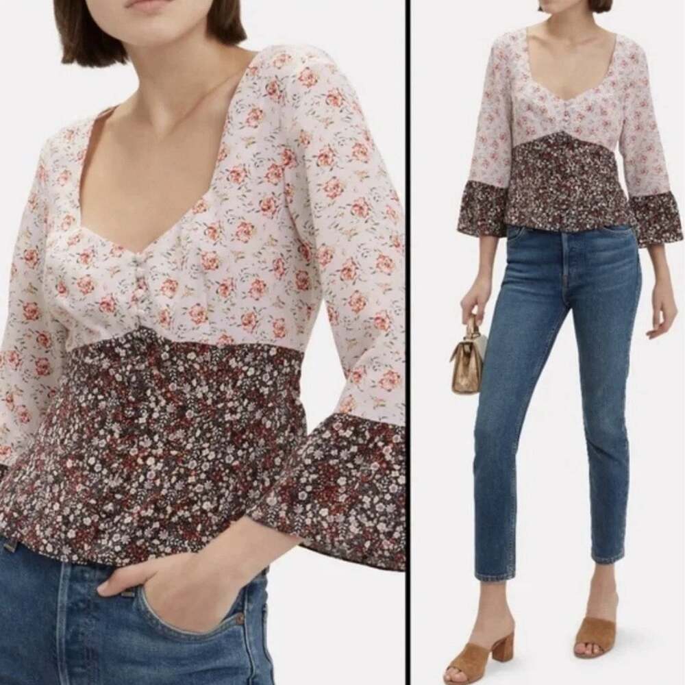 Intermix Womens Doryll Bell Silk Blouse Sz 2 Floral Long Slv Button Down Cottage